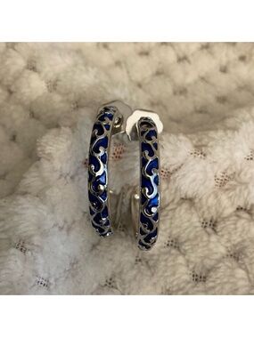 Silver-Tone Blue Enamel Filigree Hoop Earrings - Women Jewelry